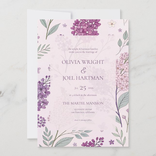 Soft Pink and Purple Lilac Floral Wedding  Einladung (Vorderseite)