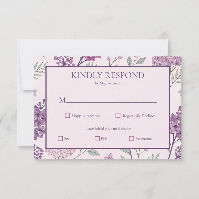 Soft Pink and Purple Lilac Floral Wedding RSVP Karte (Vorderseite)