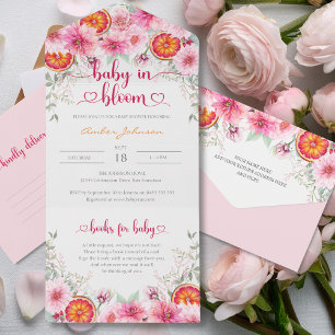 Soft Pink Aquarell Blume & Citrus Baby Dusche All In One Einladung