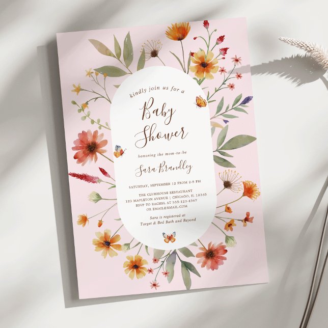 Soft Pink Boho Wasserfarbe Wildblumen Babydusche Einladung (Soft Pink Boho Watercolor Wildflowers Butterfly Baby Shower Invitation)