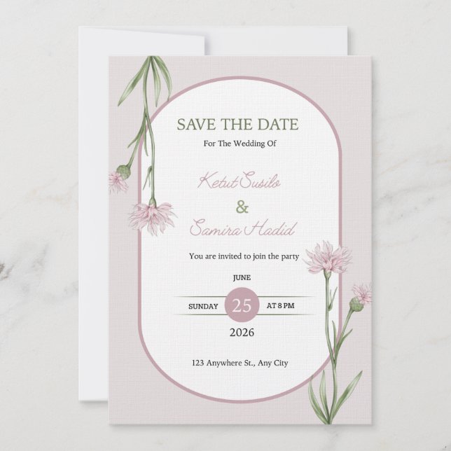 Soft Pink Botanical Wedding Invitation Einladung (Vorderseite)