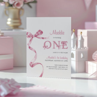 Soft Pink Bow First Birthday Girl Einladung