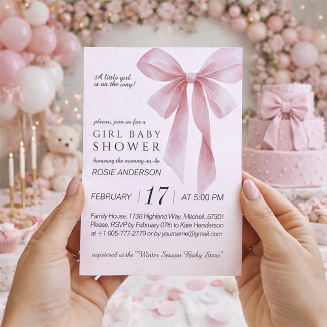 Soft Pink Bow Girl Baby Shower Einladung (Soft Pink Bow Girl Baby Shower Invitation)
