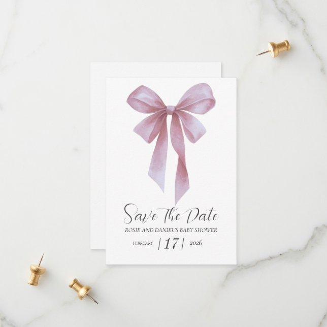 Soft Pink Bow Girl Baby Shower Save The Date (Vorderseite/Rückseite Beispiel)