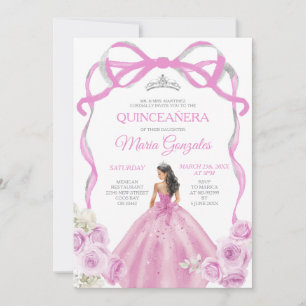 Soft Pink Bow Princess Silver Crown Quinceañera Einladung