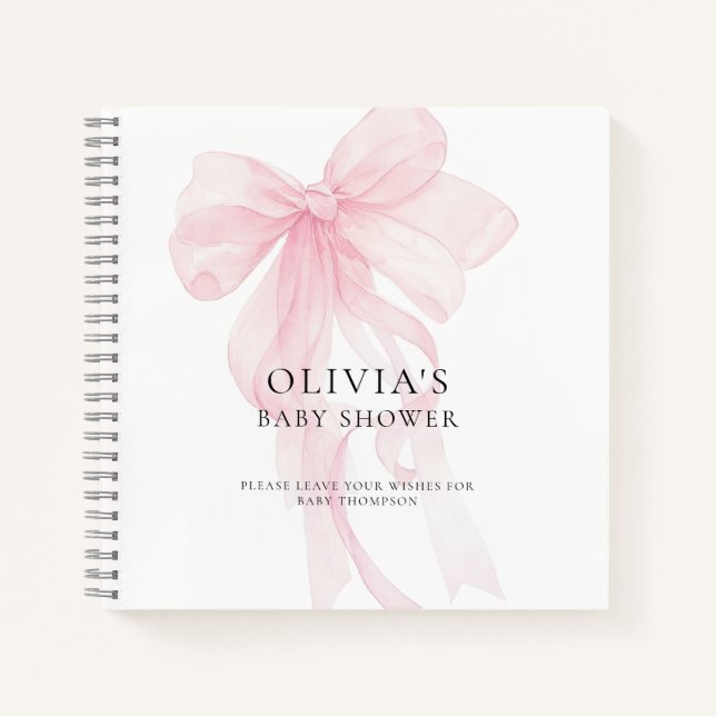 Soft Pink Bow Text Overlay Baby Shower Guest Book Notizbuch (Vorderseite)