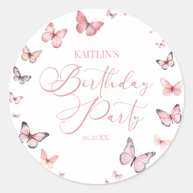 Soft Pink Butterfly Geburtstagsparty Runder Aufkleber (Vorderseite)