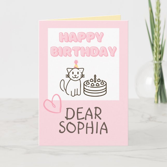 Soft Pink Cat&Cake Happy Birthday Card Karte (Vorderseite)