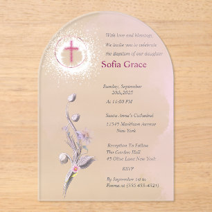 Soft Pink Cross & Floral Girl Taufe Invitat Inv Acryleinladungen