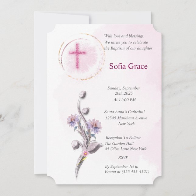 Soft Pink Cross & Floral Girl Taufe Invitat Inv Einladung (Vorderseite)