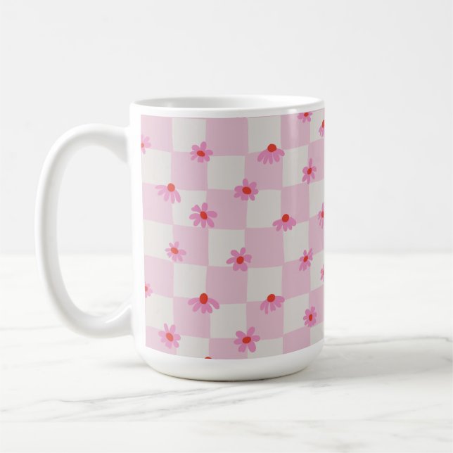Soft Pink Daisy Checkerboard Floral Pattern Kaffeetasse (Links)