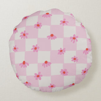 Soft Pink Daisy Checkerboard Floral Pattern Rundes Kissen