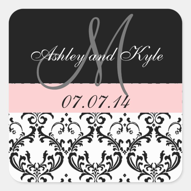 Soft Pink Damask Monogram Save the Date Stickers (Vorderseite)