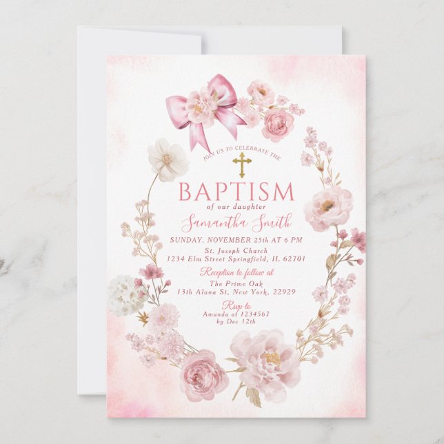 Soft Pink Dusty Rose Floral Cross Girl Baptism Einladung (Vorderseite)