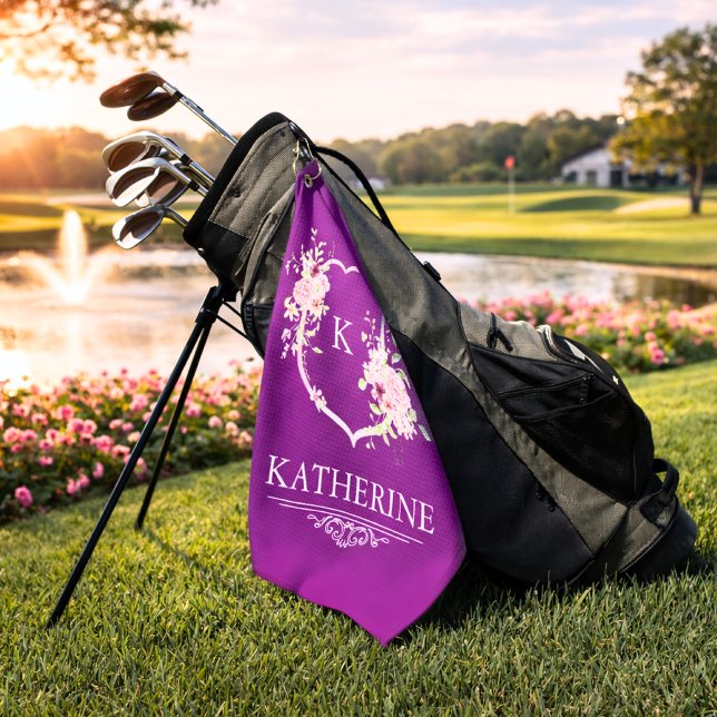 Soft Pink Feminine Botanical Crest Purple Monogram Golfhandtuch (pink floral purple crest golf towel)