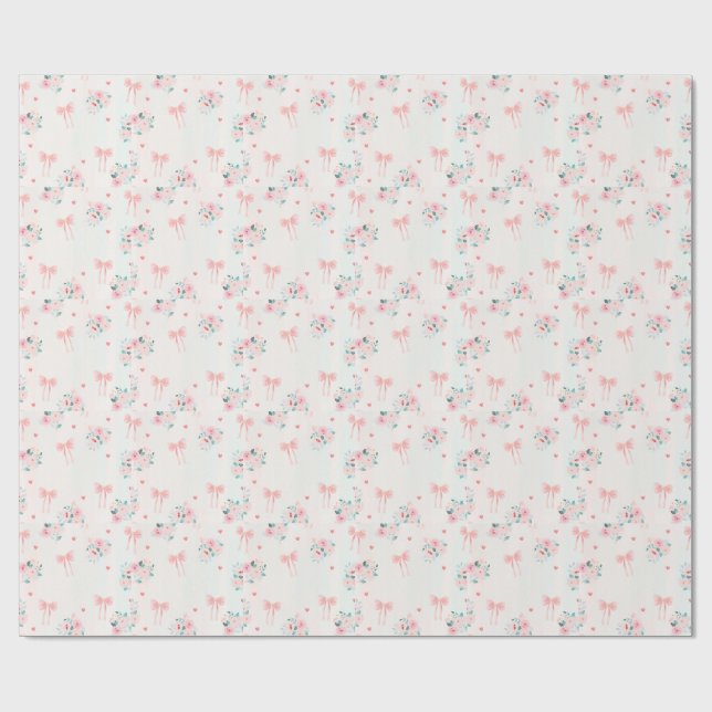 Soft Pink Floral & Bow Pattern – Cute Romantic  Geschenkpapier (Flach)