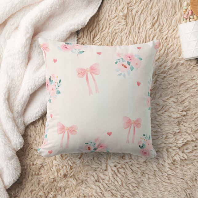 Soft Pink Floral & Bow Pattern – Cute Romantic  Kissen (Decke)
