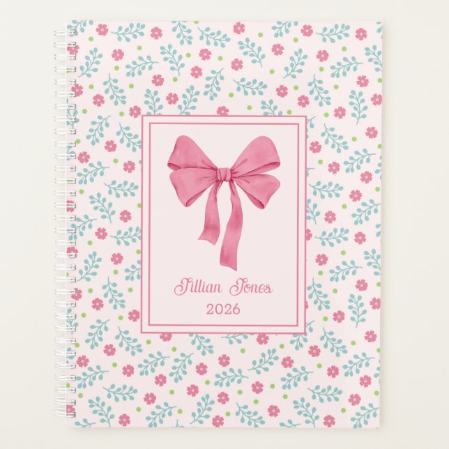 Soft Pink Floral Framed Pink Bow Custom Name Planer (Vorderseite)