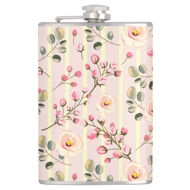 Soft Pink Floral Stripe Pattern Flachmann (Vorderseite)