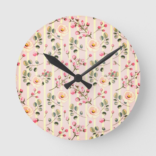 Soft Pink Floral Stripe Pattern Runde Wanduhr (Vorderseite)