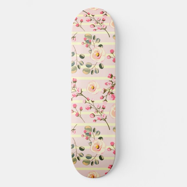Soft Pink Floral Stripe Pattern Skateboard (Vorderseite)