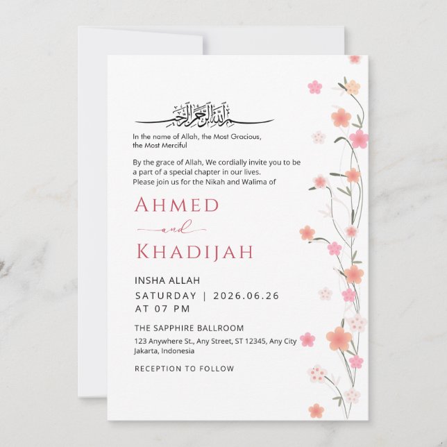 Soft Pink Floral Vine Islamic Wedding Nikah Einladung (Vorderseite)