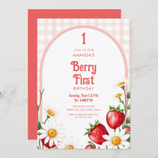 Soft Pink Gingham Strawberries Daisy 1. Geburtstag Einladung