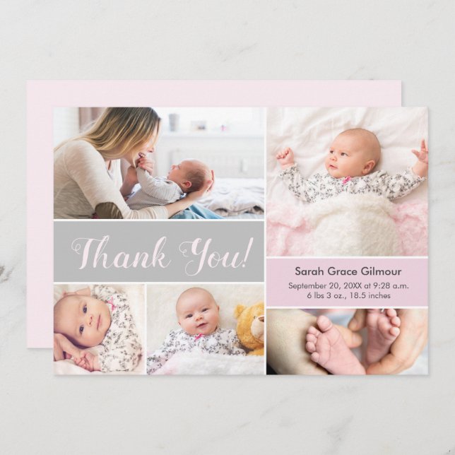 Soft Pink Gray Custom Baby Foto Collage Dankeskarte (Vorne/Hinten)