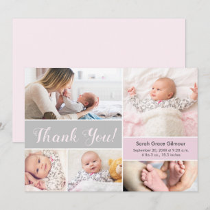 Soft Pink Gray Custom Baby Foto Collage Dankeskarte