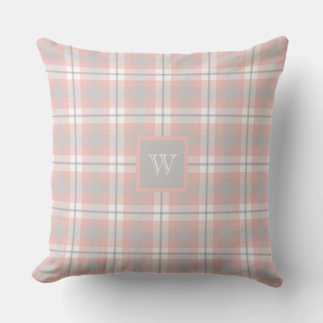Soft Pink Gray Monogram Gingham Girly Kariert Kissen (Vorderseite)