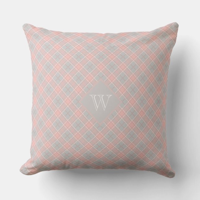 Soft Pink Gray Monogram Gingham Girly Kariert Kissen (Vorderseite)