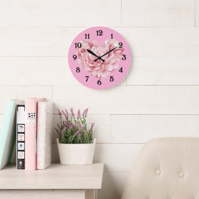 Soft Pink Heart Flower Große Wanduhr (Lesesaal)