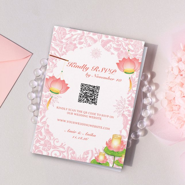 Soft Pink Lotus Lanterns Indian Wedding RSVP Einladung (Von Creator hochgeladen)