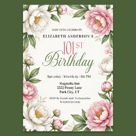 Soft Pink Magnolia and Peony 101st Birthday  Einladung