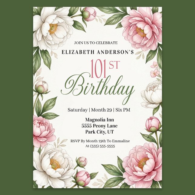 Soft Pink Magnolia and Peony 101st Birthday  Einladung (Elegant 101st birthday invitation featuring soft pink peonies white magnolia flowers green leaves )