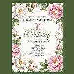 Soft Pink Magnolia and Peony 50th Birthday  Einladung<br><div class="desc">Celebrate a beautiful milestone with this elegant floral 50th birthday invitation featuring soft pink peonies, delicate white blossoms, and lush greenery arranged in a graceful botanical frame. The romantic watercolor floral design creates a timeless and sophisticated look that is perfect for honoring a special 50th birthday celebration with family and...</div>