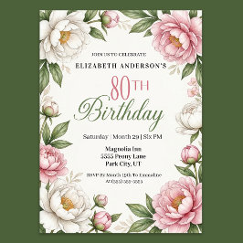 Soft Pink Magnolia and Peony 80th Birthday  Einladung