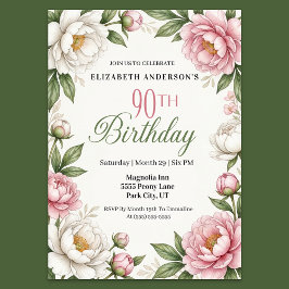 Soft Pink Magnolia and Peony 90th Birthday  Einladung