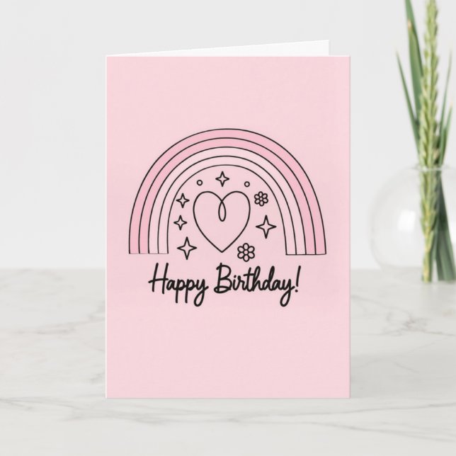 Soft pink minimalist heart with rainbow birthday karte (Vorderseite)