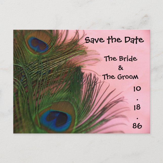 Soft Pink Peacock Feathers Save the Date Ankündigungspostkarte (Vorderseite)