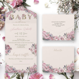 Soft Pink Peonies Elegante Blumen Baby Dusche All In One Einladung