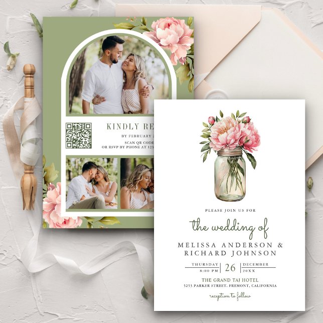 Soft Pink Peony Blume Mason Jar QR Code Hochzeit Einladung (Von Creator hochgeladen)