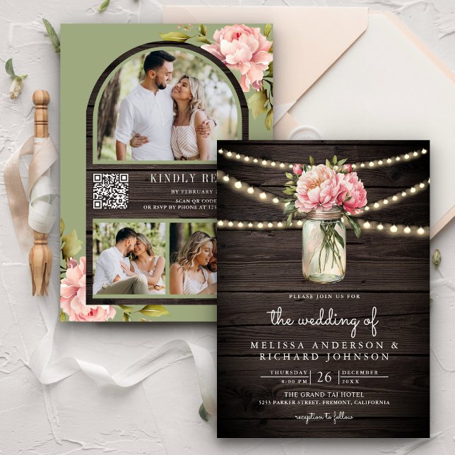 Soft Pink Peony Mason Jar QR Code Hochzeit Holz Einladung (Von Creator hochgeladen)