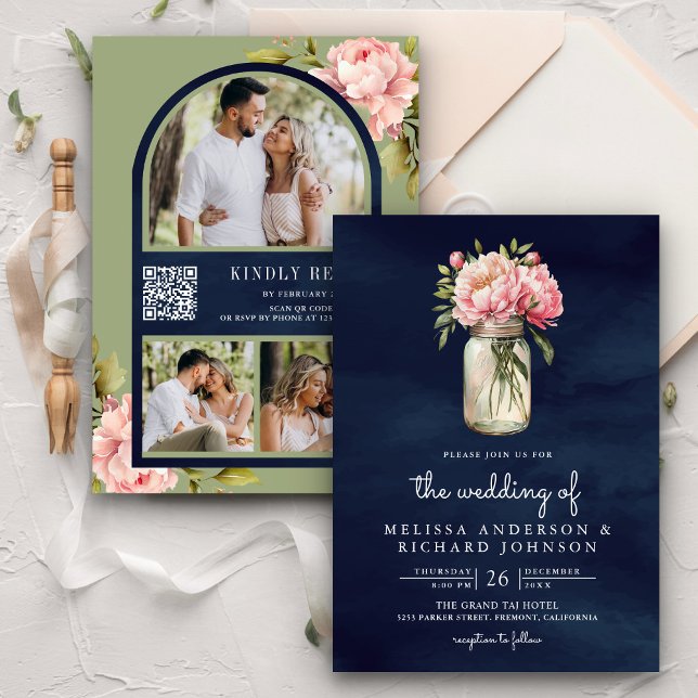 Soft Pink Peony Mason Jar QR Code Marine Hochzeit Einladung (Von Creator hochgeladen)