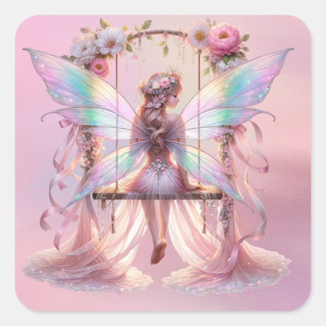 Soft Pink Peony Swing Fairy Princess Girls Quadratischer Aufkleber (Vorderseite)