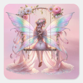 Soft Pink Peony Swing Fairy Princess Girls Quadratischer Aufkleber