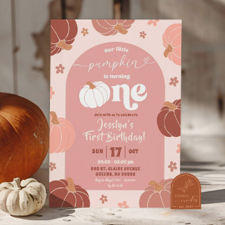 Soft Pink Retro Pumpkin Floral 1. Geburtstag Einladung