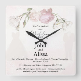 Soft Pink Roses & Bride and Groom Collection Quadratische Wanduhr
