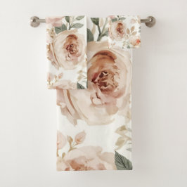 Soft Pink Roses Watercolor Floral Print Botanical Badhandtuch Set