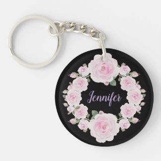 Soft Pink Roses Wreath Name Round Acrylic Keychain Schlüsselanhänger